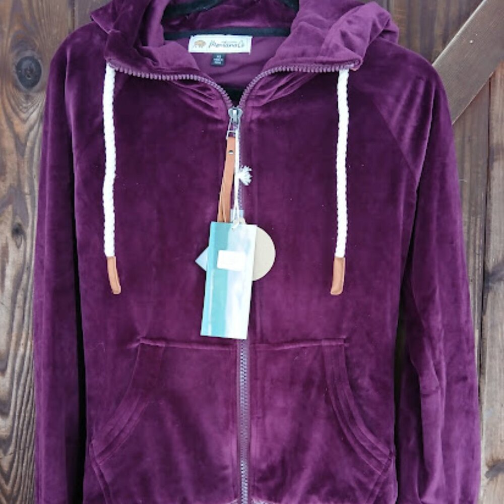 NWT Montanaco XS S Plum Velour Zip up Hoody Jacket Rope string Pockets